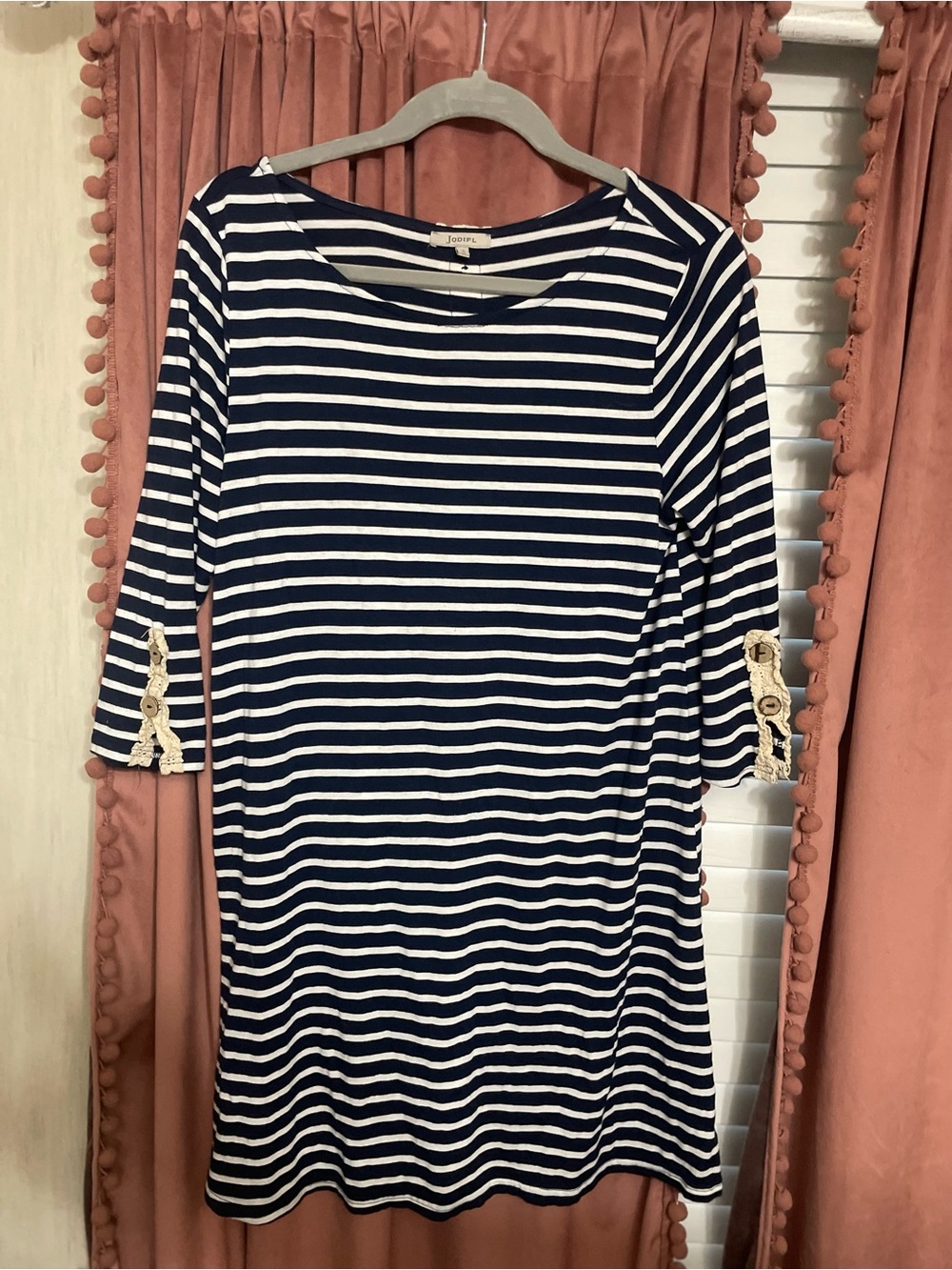 Joie Navy and White Striped Cotton Dress with Lace and back Sleeve Detail